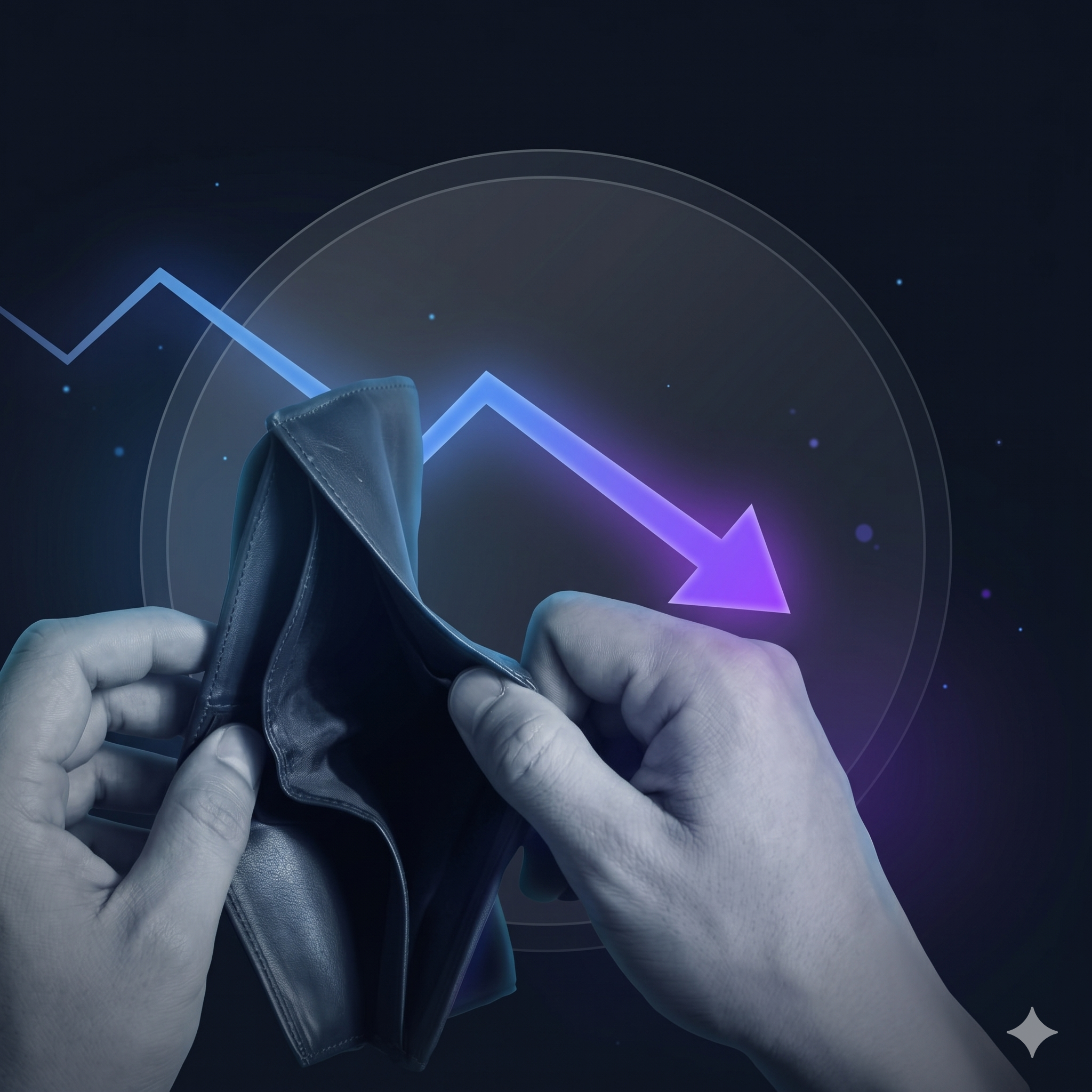 Carteira vazia com seta de queda representando compra no boleto